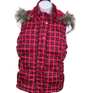 Aeropostale girls pink/plaid Sm zip puffer vest faux fur trim removable hood.